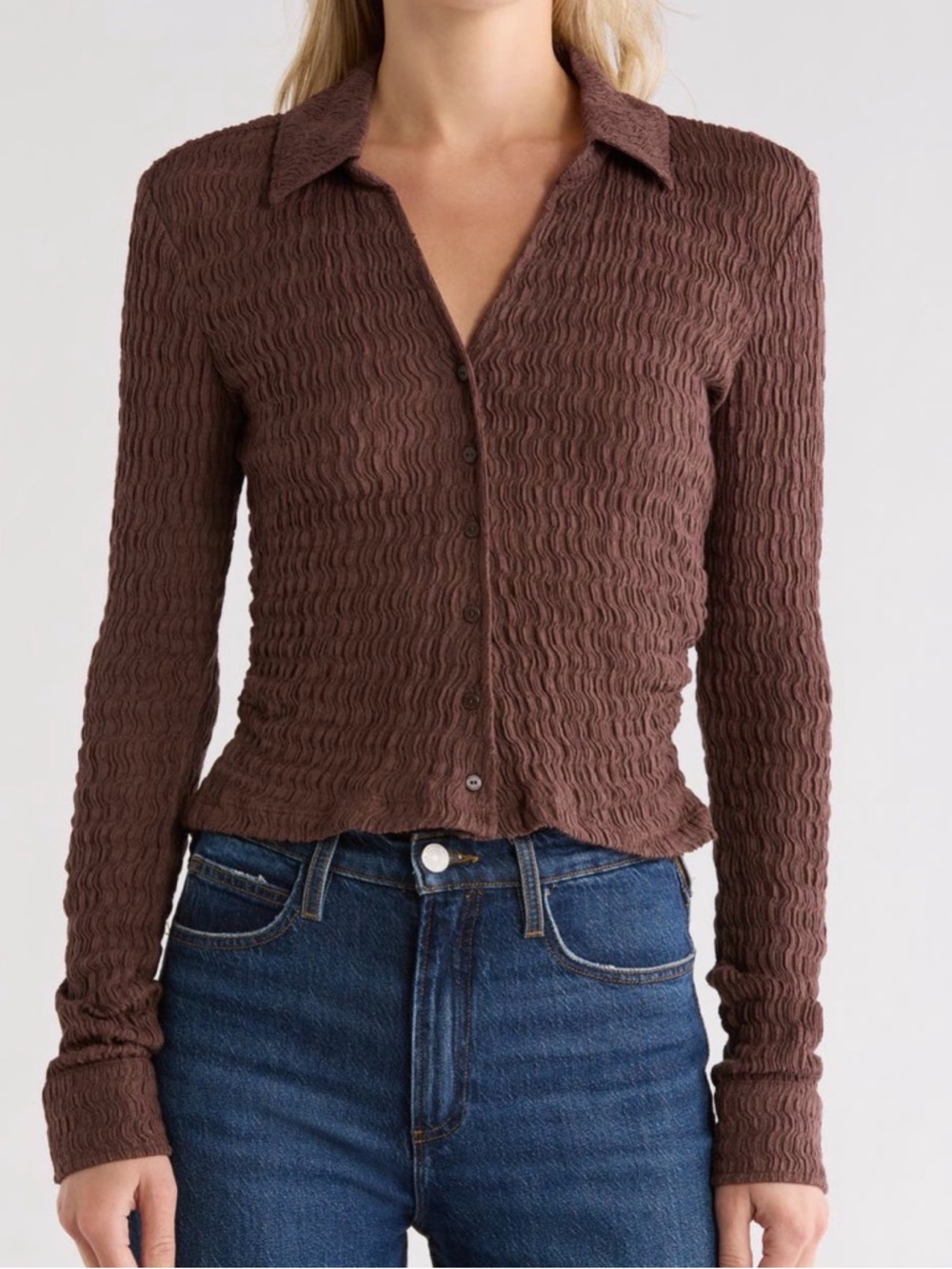 All Saints Women’s Connie Slim Fit Chic Brown Crinkle Button-Up Shirt 6 NWT
